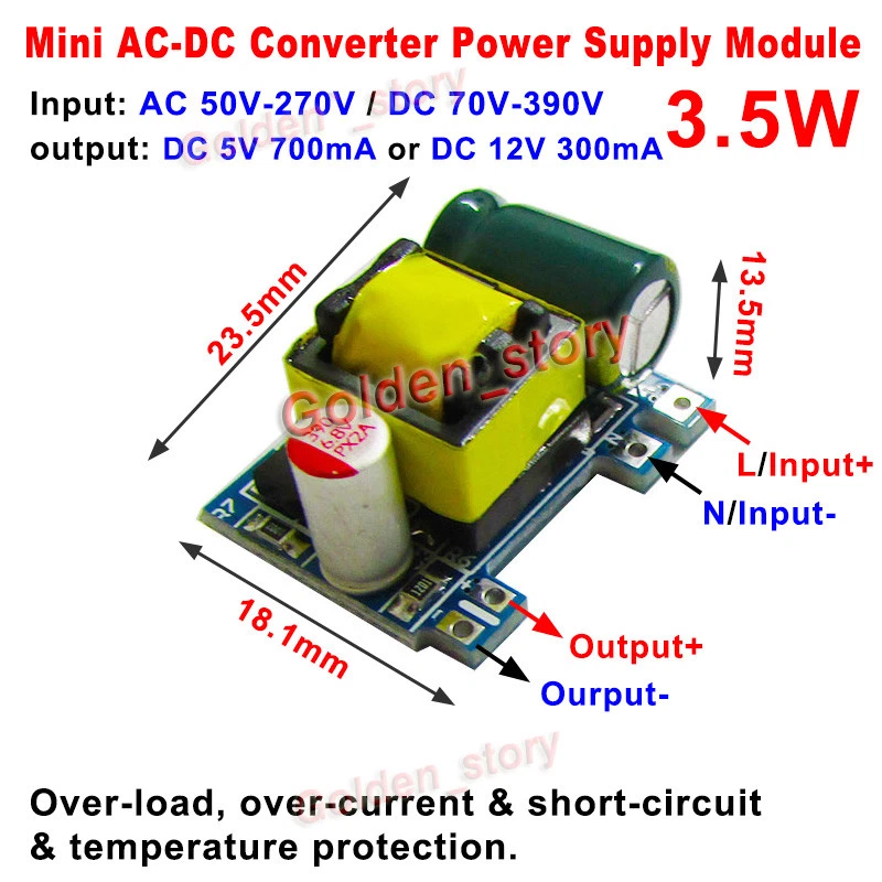 Acxico 5Pcs 12V 300mA Board Module Mini AC-DC 110V 120V 220V 230V to 5V 12V  Converter Board Module Power Supply