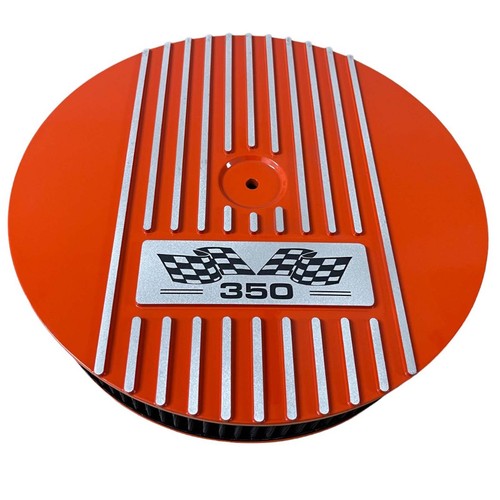 Small Block 350 Flag Logo Orange Valve Covers & 13" Air Cleaner Kit - Engraved - Picture 7 of 12