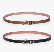 Jasgood Women's Black & Brown Leather Skinny Belt 2-Pack 140cm