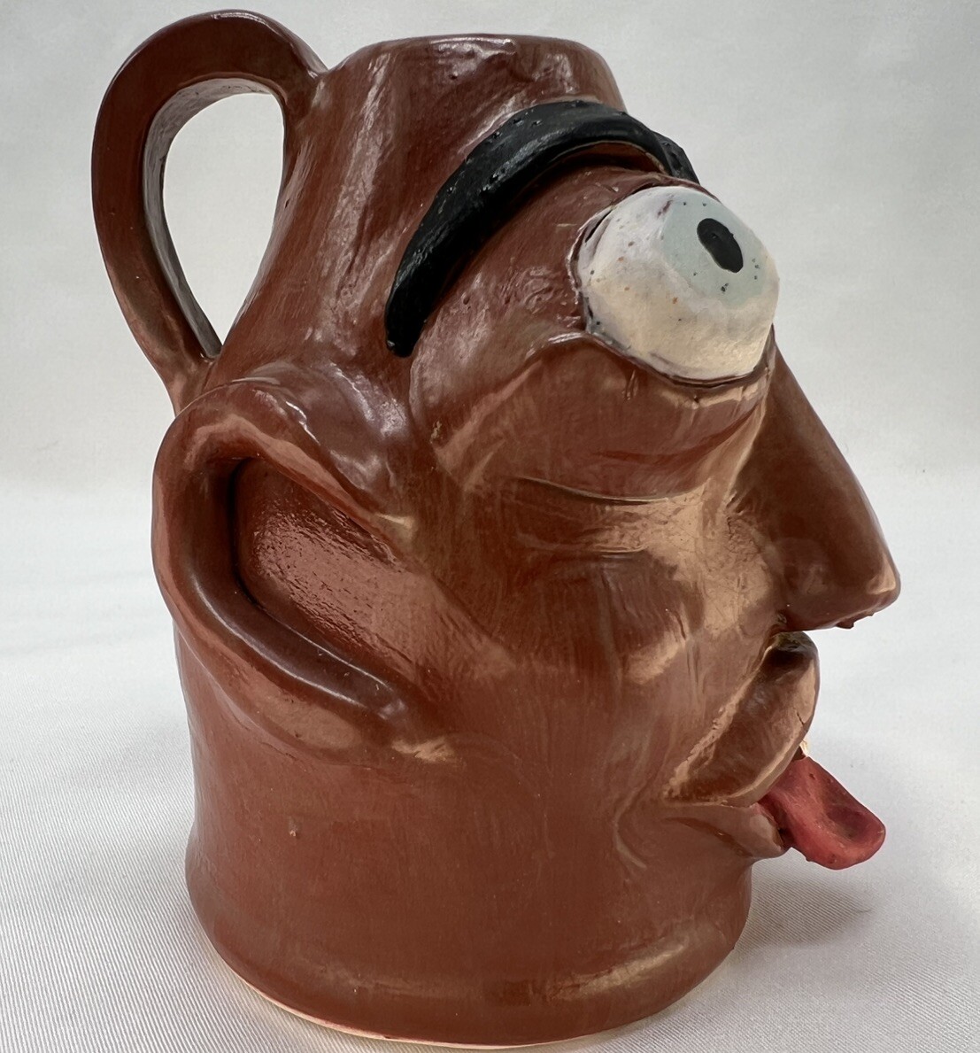 Vintage Face Head Jug Vase Handle Folk Pottery Devil Tongue Lips Teeth Eyes OOAK