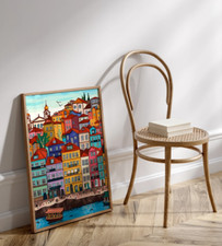 Portugal Sea Shore With Boats Painting Poster Premium Quality Choose your Size