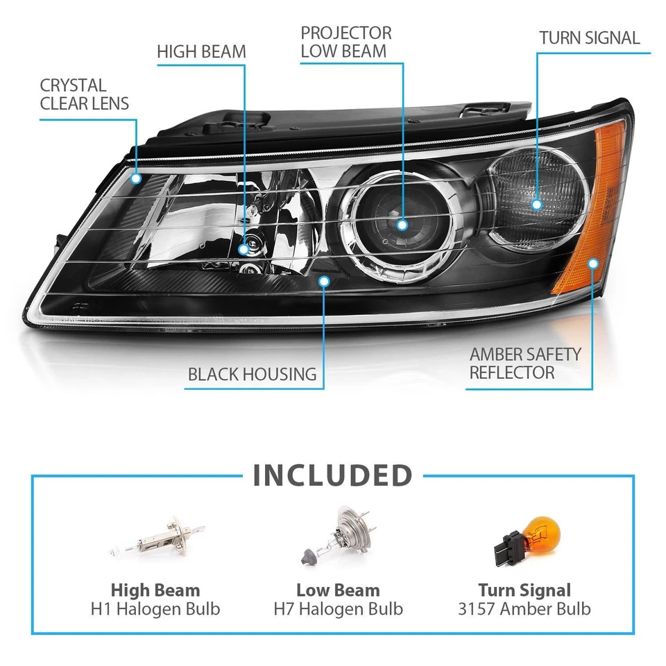 FIT FOR 2006-2008 Hyundai Sonata Black Projector Headlights Pair with Bulbs - Image 2 of 3