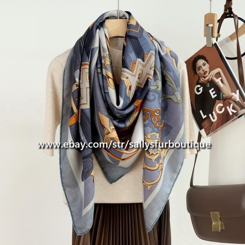 70% Cashmere 30% Silk Belt Print Double Face Wrap Scarf Shawl - Picture 3 of 11