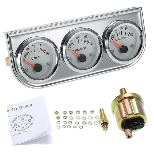 Universal 2" 52mm Chrome Volt Water Oil Pressure Triple 3 Gauge Set Gauges Z7F8 - Bild 2 von 6