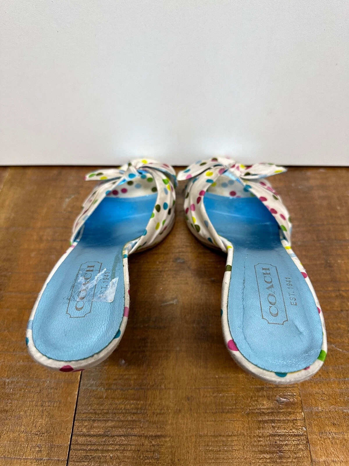 COACH donna taglia 6 5 B bianco raso multicolore pois tacco fiocco accenti