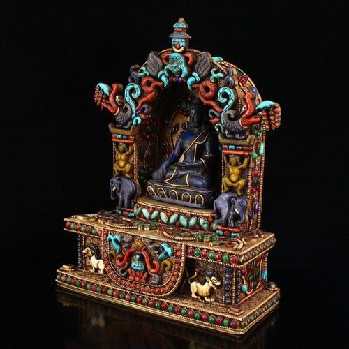 Tibetan Buddhism Lapis Lazuli Sakyamuni Buddha Statue With Silver Wire Inlay Gem - Picture 3 of 16