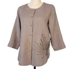 KLEEN S Linen Button Front Applique Blouse Gray 3/4 Sleeve Boho Eclectic Artsy