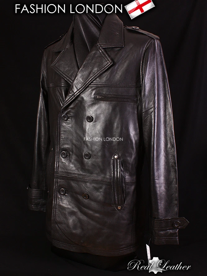 REEFER Black Men s Classic Pea Coat Style Lambskin Simple Casual