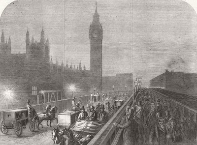 LONDON. Westminster-Bridge beleuchtet vom neuen Kalklicht 1860 alter Druck