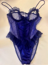 Vtg 80s Blue Satin Lace Nylon Snap Crotch High Cut Teddy Bodysuit Lingerie M