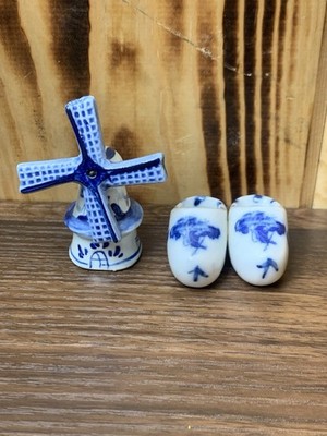 Vintage Delft Blue Holland Windmill & Wooden Shoes Miniature Ceramic Set