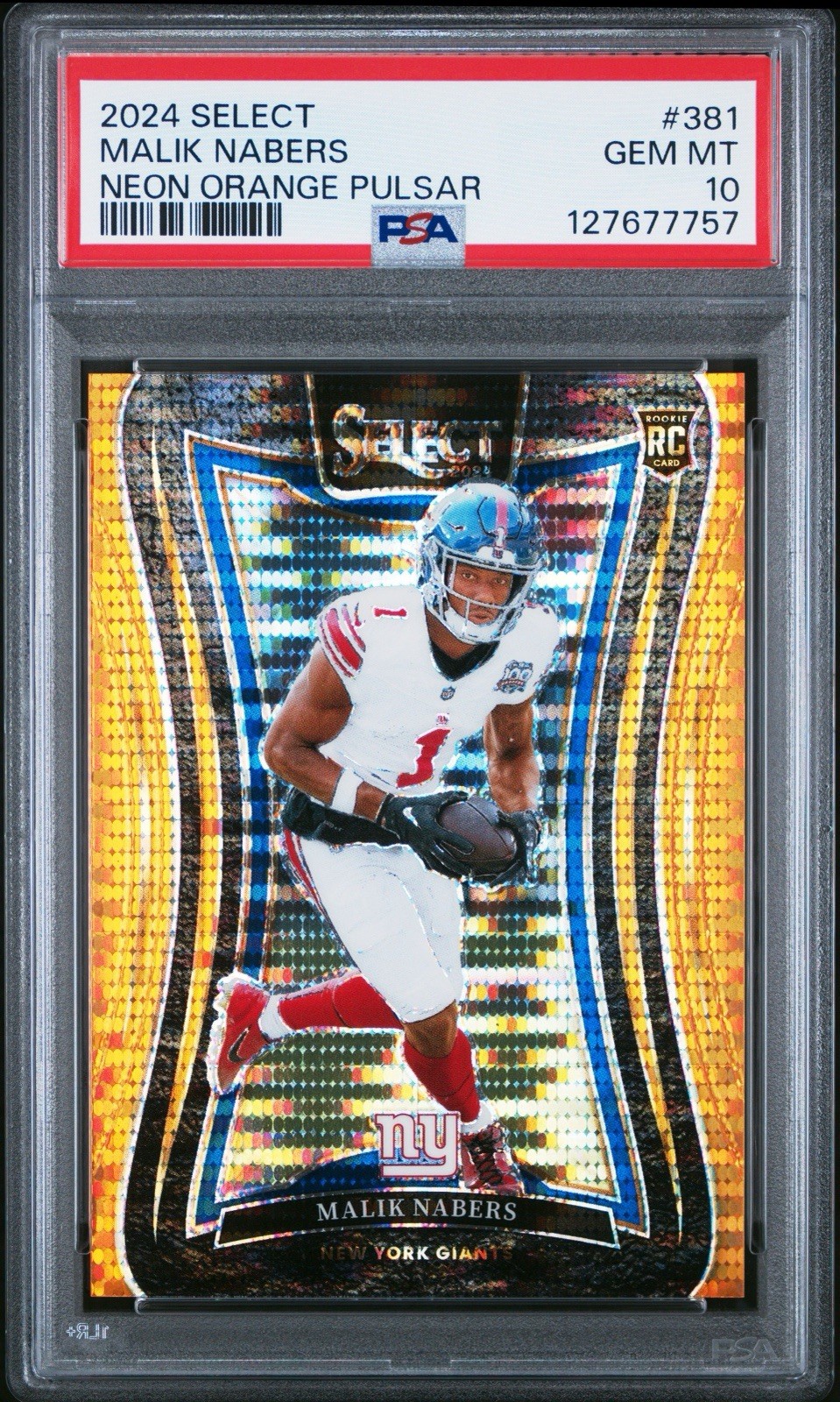 Malik Nabers 2024 Panini Select Neon Orange Pulsar Prizm /7 PSA 10 #381 Rookie