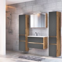 BadmöBel Komplettset Wotaneiche Matt Grau Led-Spiegelschrank Waschtisch GäSte-Wc