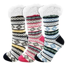 Fuzzy Fluffy Slipper Socks, 3 Pairs Womens Sherpa Non One Size Fair Isle B