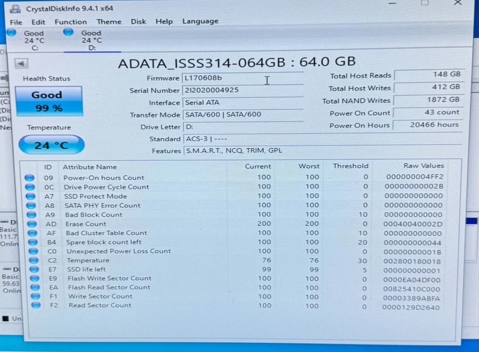 99% Health ADATA 64GB ISSS314-064GB 2.5" 6G SATA ATA SATA/600 64GB SSD  #Z11  KL - Image 2 of 4