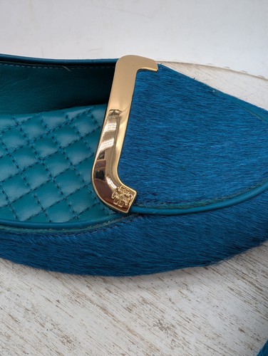 Tory Burch Bovine Hair Slip On Logo Jess Flats Electric Blue/Gold Tone Trim Sz 8 - Picture 10 of 11