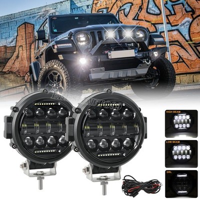Pair 7 Inch LED Work Light White DRL Round Pods Driving Offroad Fog Lamp + Wire