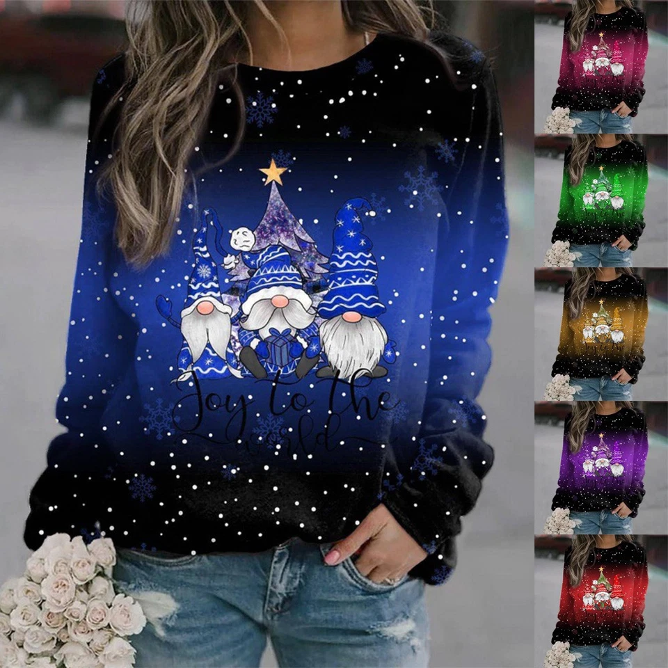 Womens Christmas Print Jumper Blouse Shirts Xmas Pullover Top Tee Plus Size 6-24 - Image 3 of 4