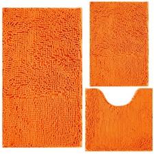 Orange Chenille Shag Bathroom Rugs 3 PCS Extra Soft Absorbent NonSlip Mats