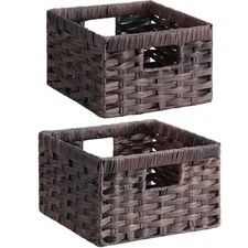  Handwoven PP Wicker Storage Basket, Waterproof Imitation Rattan Basket Black