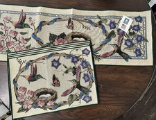 Set of 5 Floral Bird Tapestry Placemats and 13" x 38" Table Runner Made In USA