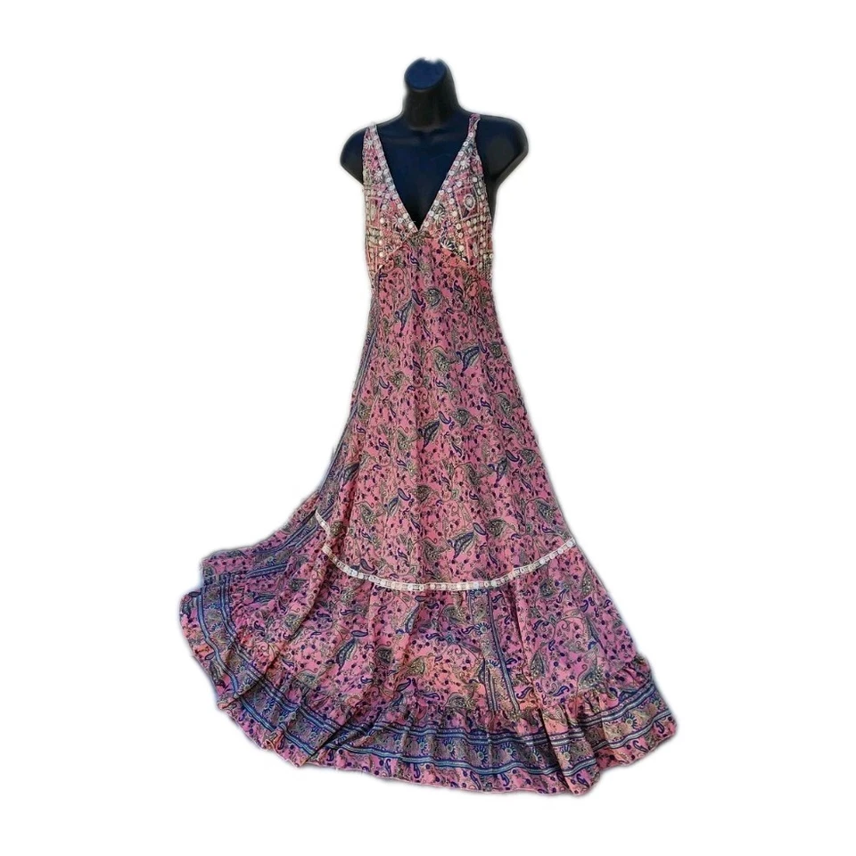 Maxi Vestido de Seda Hecho en la India Rosa Paisley Floral Tirantes Boho Talla Grande (12) Foto 2 de 4