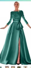 Long Sleeve Formal Satin Sequin Full Length Gown