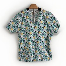 Peaches scrub, Multicolor print v-neck short sleeve, pockets, Sz S Circles, Fun
