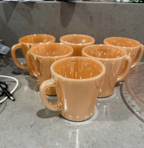 Fire Ding Set Of 6 Orange Mugs Vintage Anchor Hocking Peach Lustre