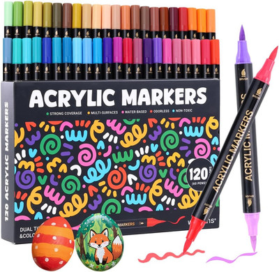 120 Colors Acrylic Paint Marker, Dual Tip and Dual Colors Acrylic Paint Pens for