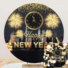 7.2x7.2ft Happy New Year 2026 Round Backdrop 7.2x7.2ft-Diameter, Black,Gold