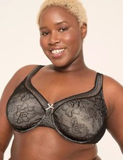 Cacique Modern Lace Unlined Full Coverage Bra 46DD Black Floral Underwire