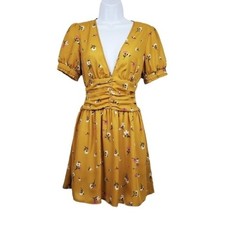Urban Outfitters Womens Emmy Ruched Short Sleeve Yellow Mini Dress Size S