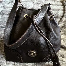 Dooney Bourke Brown Pebbled Drawstring Bucket Shoulder Bag Gold Pockets