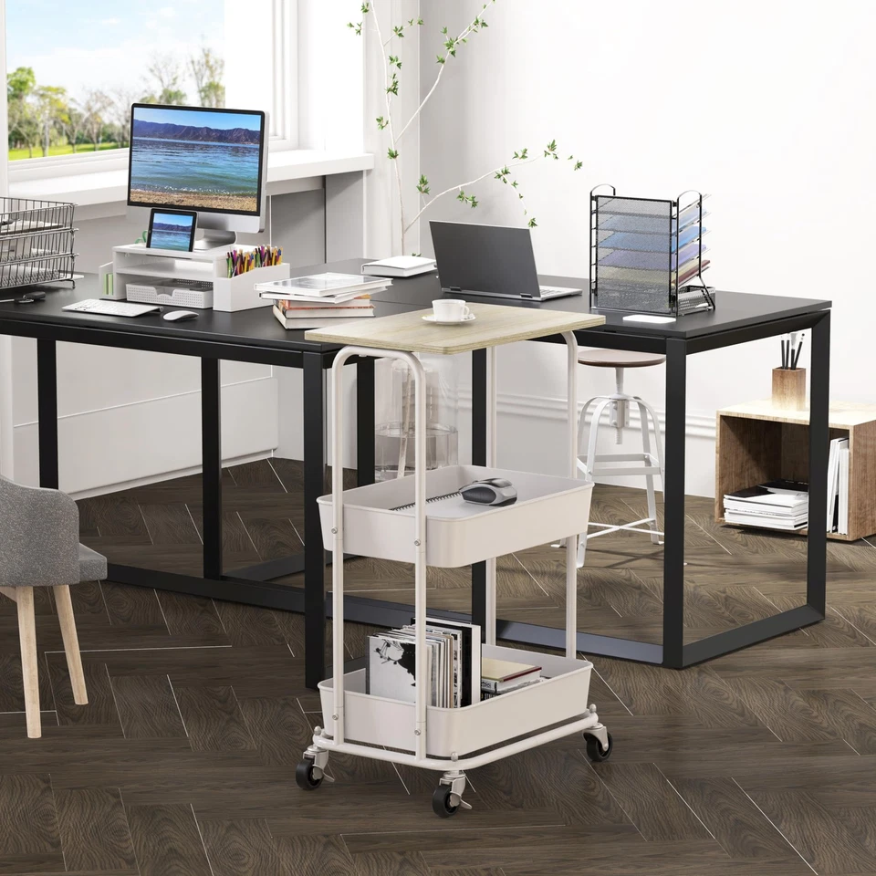 Carro utilitario rodante de 2 niveles con ruedas bloqueables y almacenamiento metálico superior de madera Foto 2 de 4