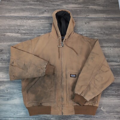 Big Smith Canvas Jacket Mens Large Tan Workwear Hooded Insulated Distressed