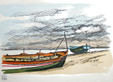 ALDO RISO incisione originale colorata a mano, paesaggio italiano marina arte.