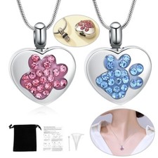 Paw Print Urn Necklace Crystal Heart Locket Necklace for Ashes Cremation Jewelry