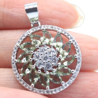 Buy 2 Get 1 Free SheCrown Green Amethyst White CZ Women Wedding Silver Pendant