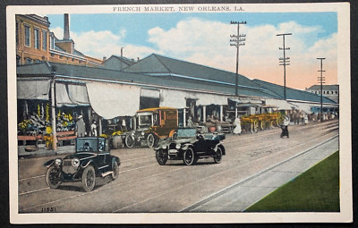 Postcard New Orleans LA - c1920s French Market Old Cars