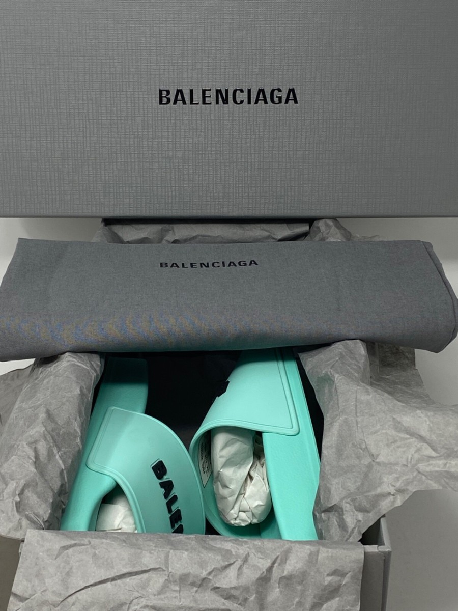 $375 Women's Balenciaga Logo Pool Slides Flat Sandals