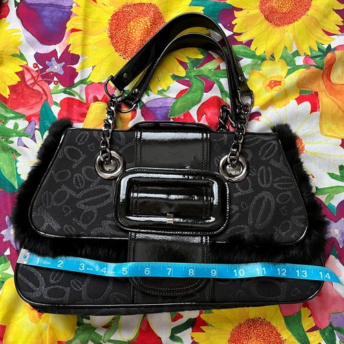 Bebe Black Logo Print Fur Trim Shoulder Bag Handbag Purse - Picture 4 of 14