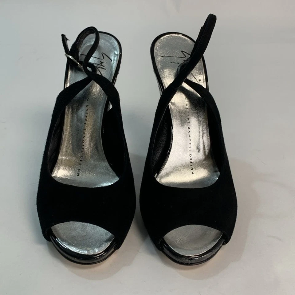 Giuseppe Zanotti Negro Gamuza Cuña Bomba Punta Abierta Eslinga 36 Foto 4 de 4