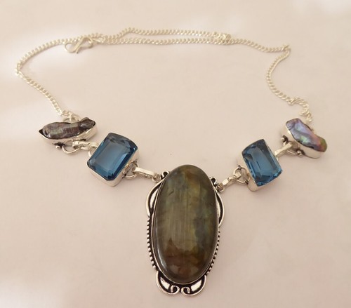 Pendentif En Argent 925 Serti Labradorite Bleue – Taille 4,1cm, Style Ethnique – Neuf Sans Emballage