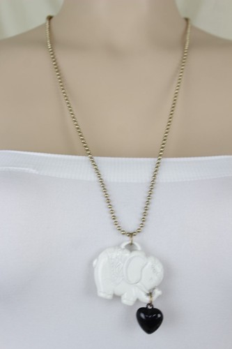 Women Long Gold Metal Fashion Necklace White Elephant Pendant Black Heart Love - Picture 6 of 12