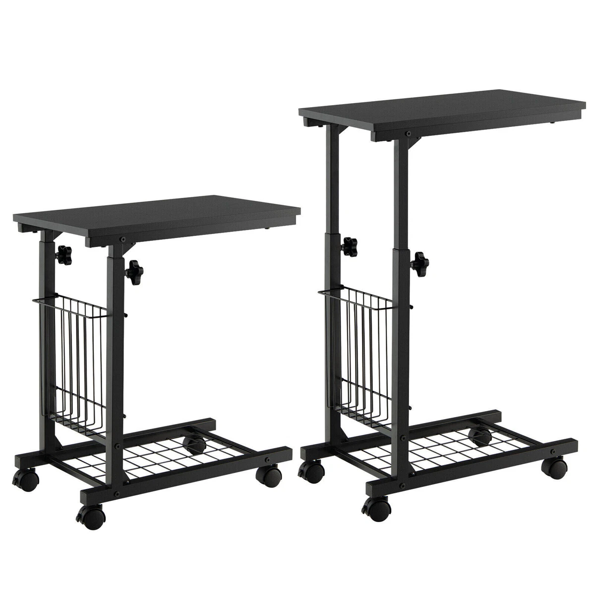 Sofa Side Table Adjustable End Table w Storage Basket Rolling