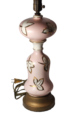 Vtg Atomic Urn Style Porcelain Lamp Pink Gold Foil Floral Accents MCM 30 In OA - Picture 8 of 16
