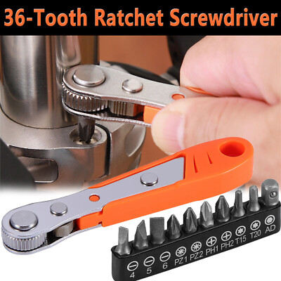 Ratcheting Right Angle Screwdriver Hex Drive 90 Degree Offset + 10pc Bits Set