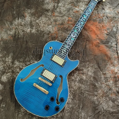 Custom Shop Semi-Hollow Blue LP Electric Guitar Flower-Inlay H-H Gold Hardware