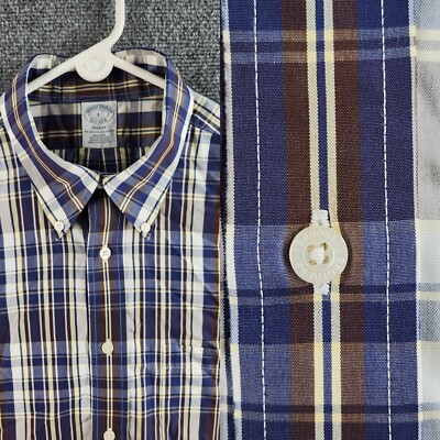 Brooks Brothers Plaid Blue Brown Button Up Shirt Large Regent Long Sleeve Cotton